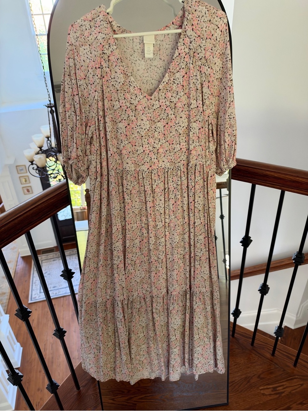 H&M Pink Floral Tiered V-Neck Midi Dress